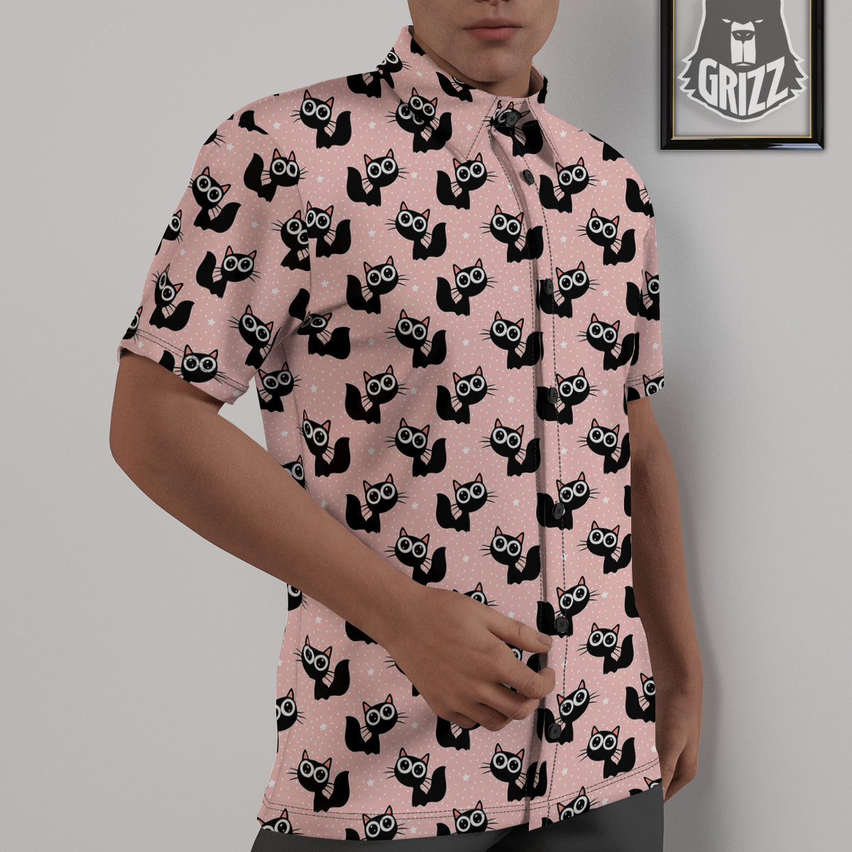 Pink And Black Cat Print Pattern Untucked Shirts-grizzshop