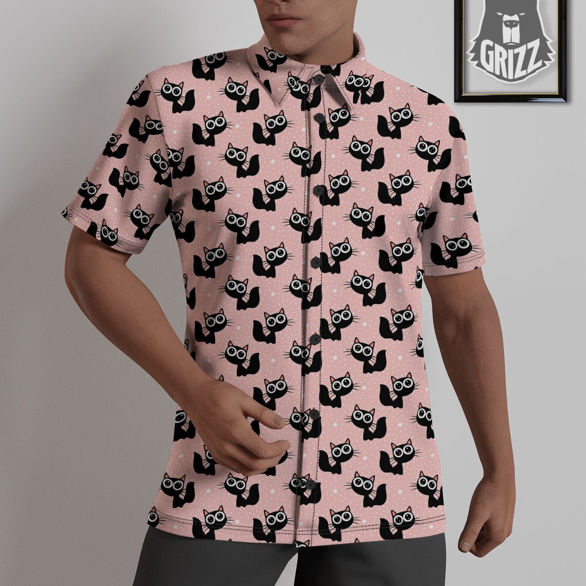 Pink And Black Cat Print Pattern Untucked Shirts-grizzshop