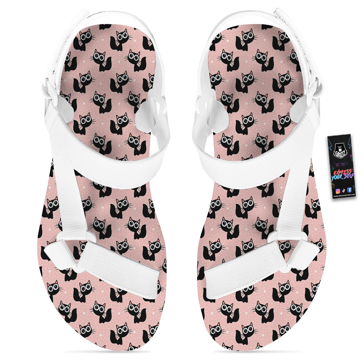 Pink And Black Cat Print Pattern White Open Toe Sandals-grizzshop