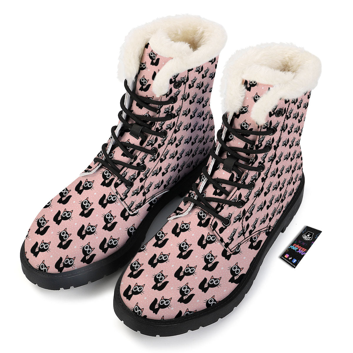 Pink And Black Cat Print Pattern Winter Boots-grizzshop