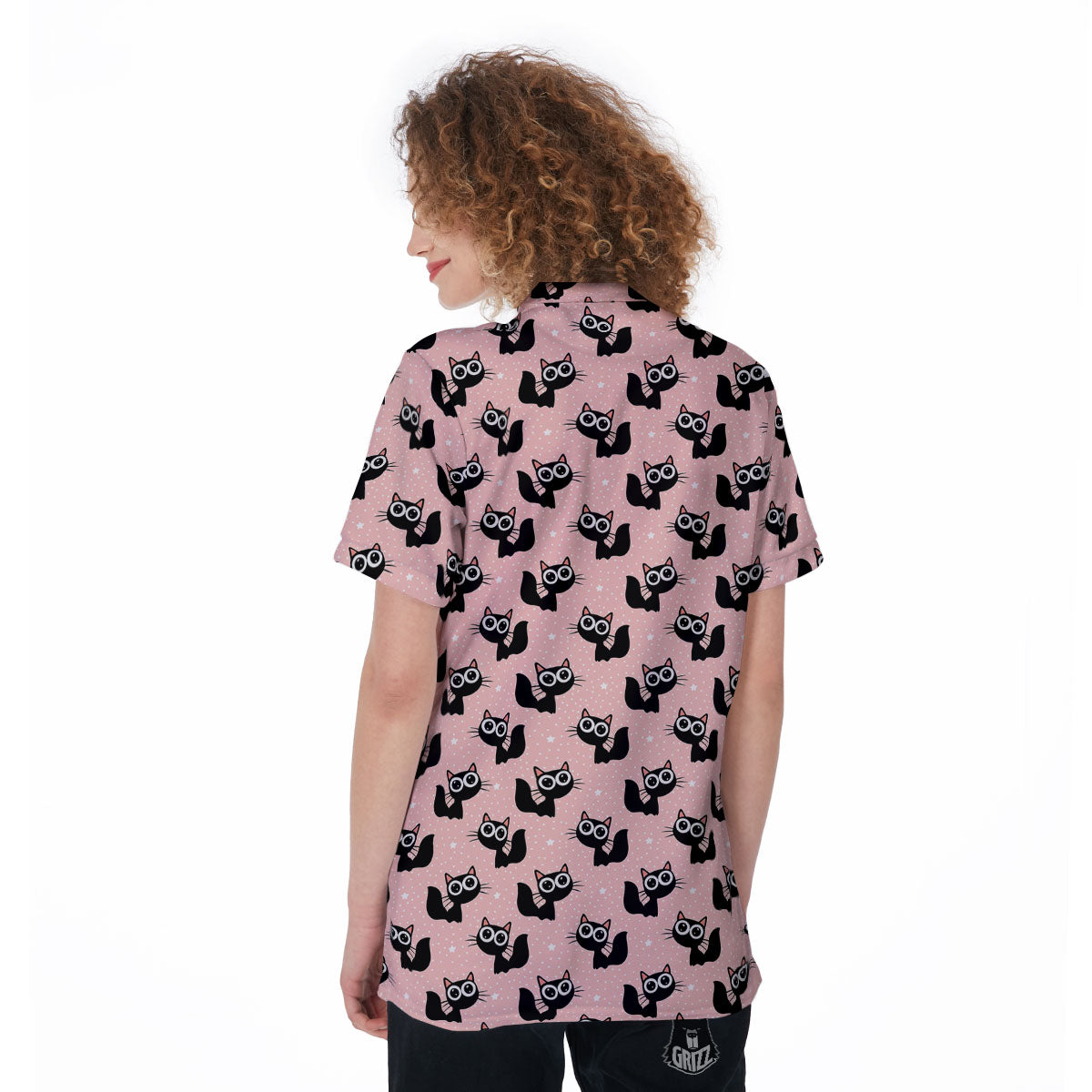 Pink And Black Cat Print Pattern Women's Golf Shirts-grizzshop