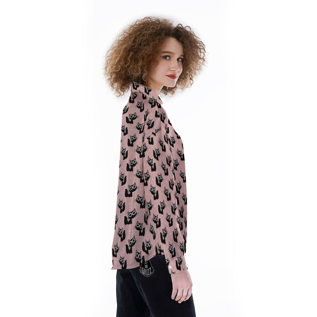 Pink And Black Cat Print Pattern Women's Long Sleeve Shirts-grizzshop