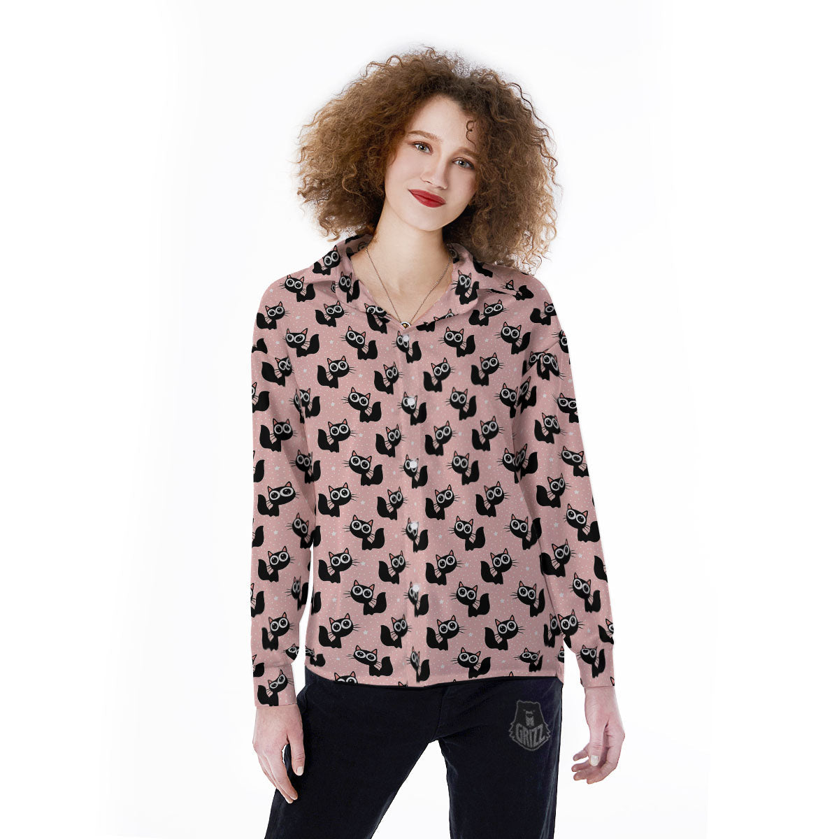 Pink And Black Cat Print Pattern Women's Long Sleeve Shirts-grizzshop