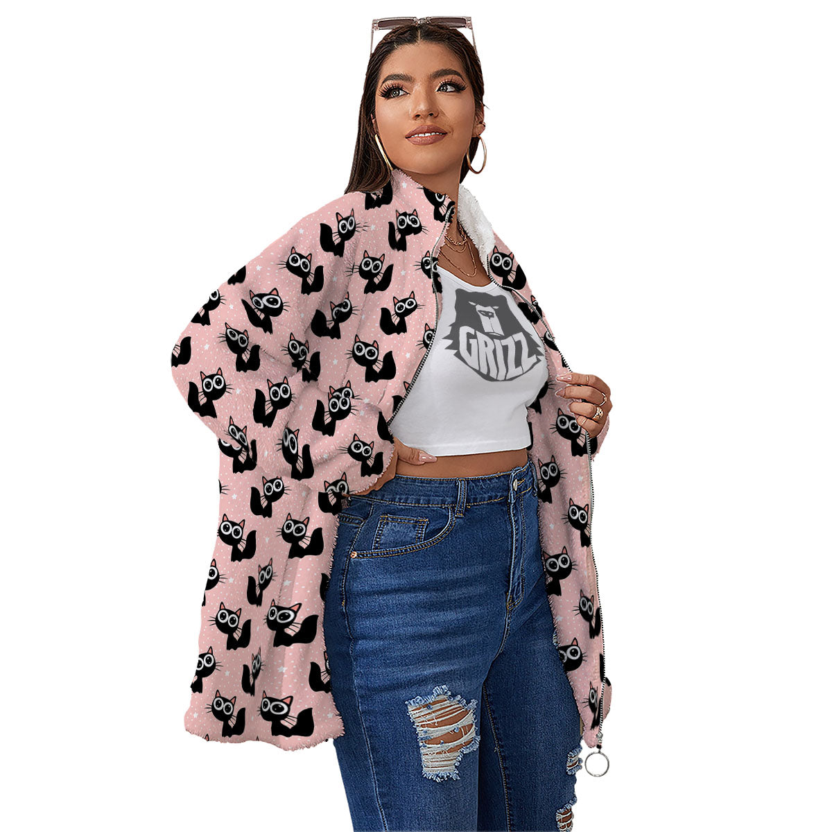 Pink And Black Cat Print Pattern Women's Sherpa Jacket-grizzshop