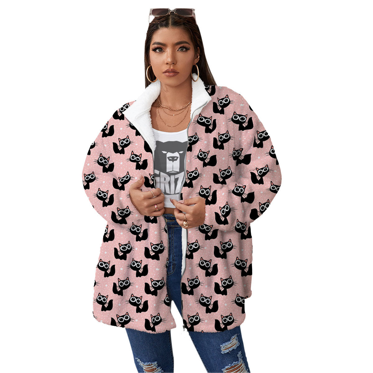 Pink And Black Cat Print Pattern Women's Sherpa Jacket-grizzshop
