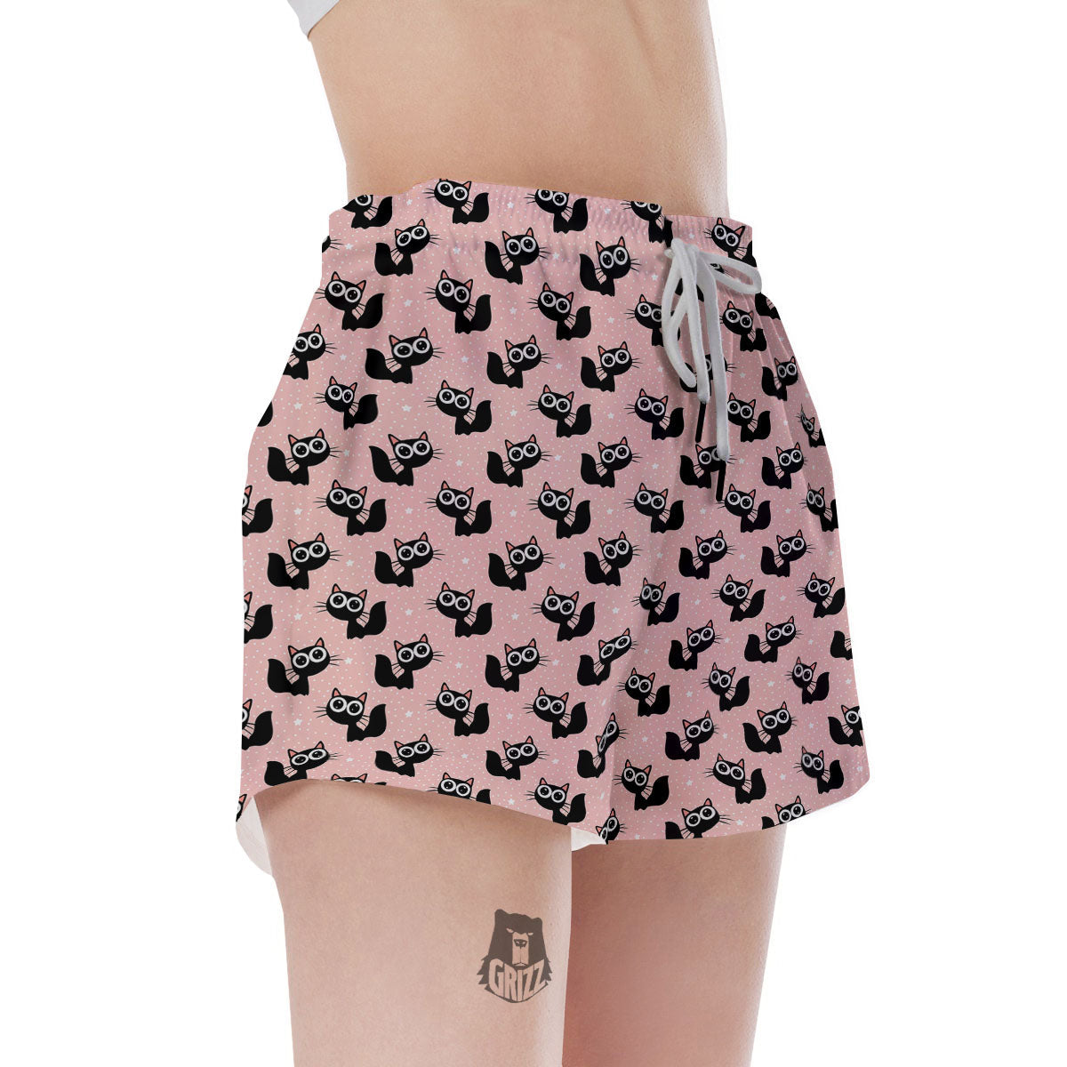 Pink And Black Cat Print Pattern Women's Shorts-grizzshop