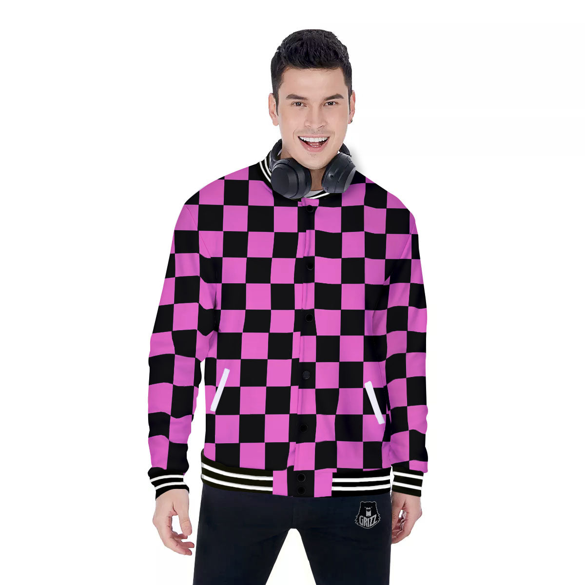 Pink And Black Checkered Print Pattern Baseball Jacket-grizzshop