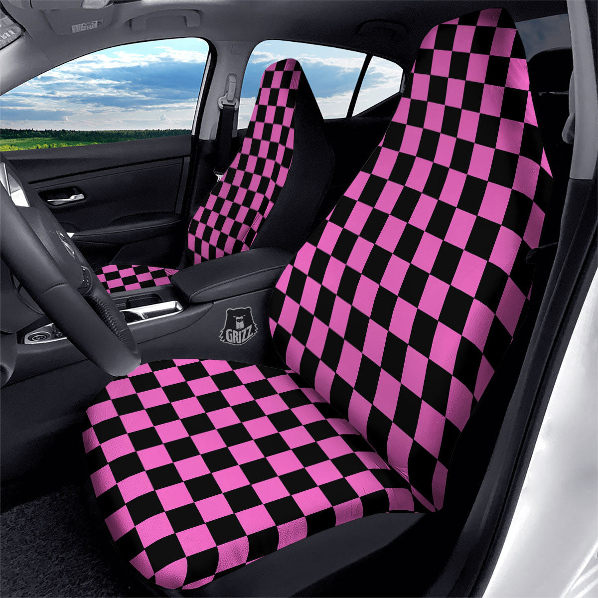 Pink And Black Checkered Print Pattern Car Seat Covers-grizzshop