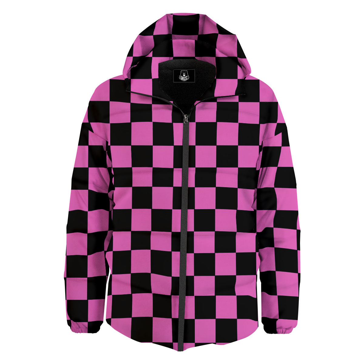 Pink And Black Checkered Print Pattern Down Jacket-grizzshop