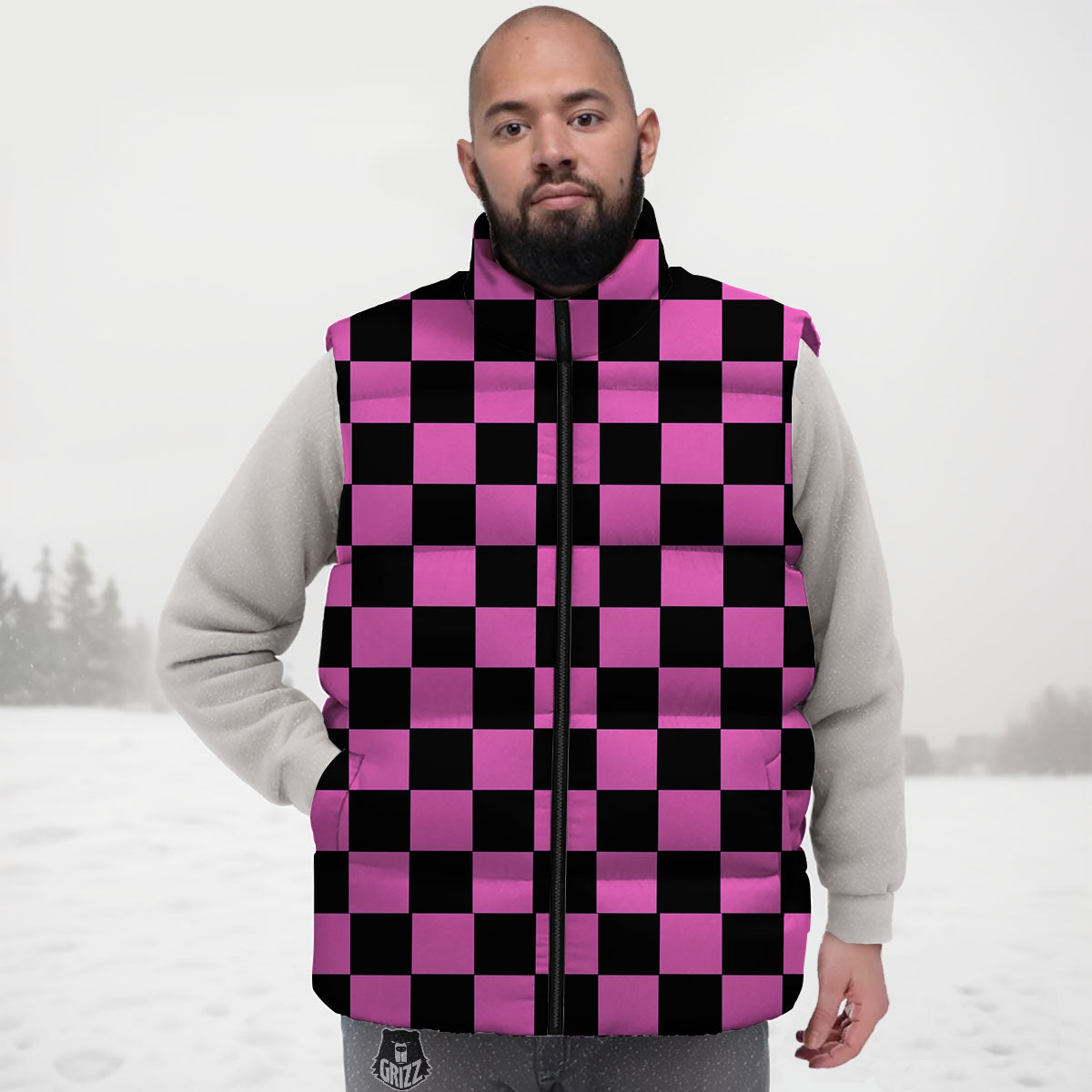 Pink And Black Checkered Print Pattern Down Vest