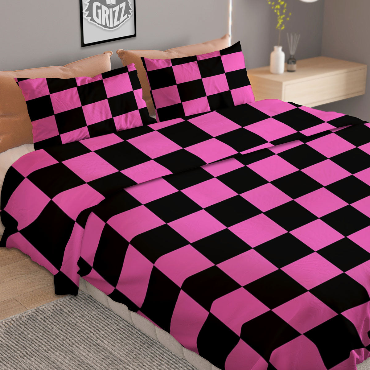 Pink And Black Checkered Print Pattern Duvet Cover Bedding Set