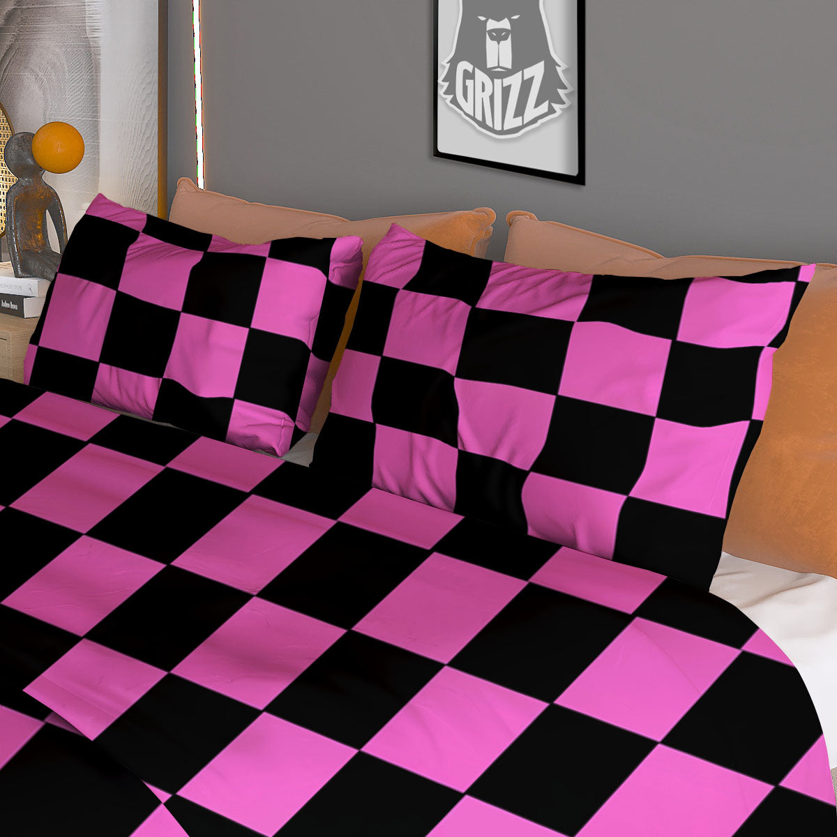 Pink And Black Checkered Print Pattern Duvet Cover Bedding Set