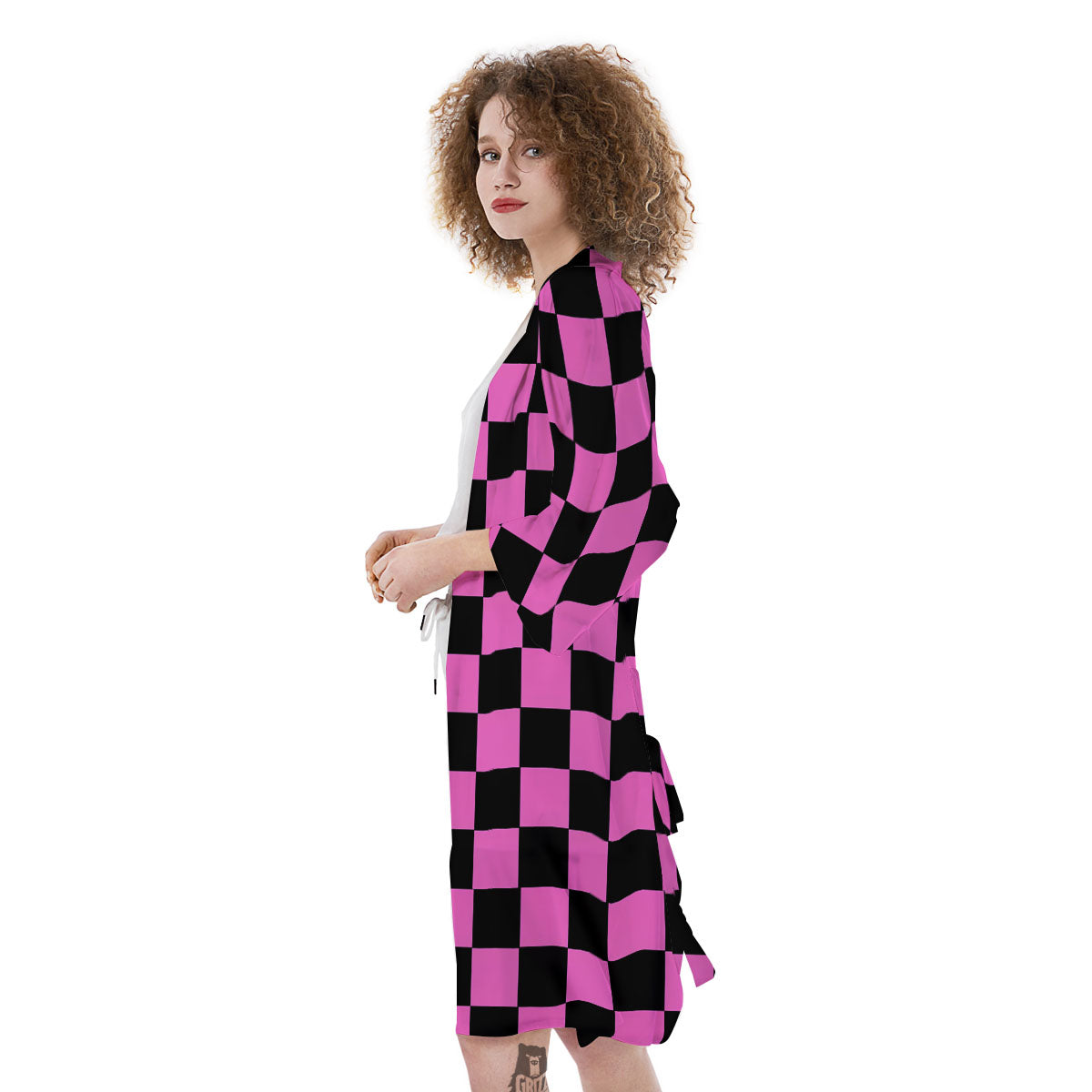 Pink And Black Checkered Print Pattern Kimono-grizzshop