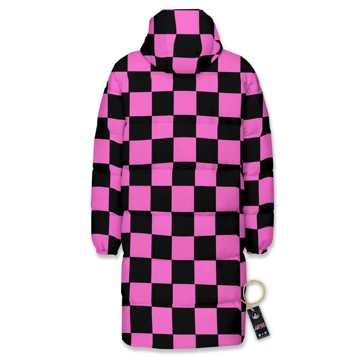 Pink And Black Checkered Print Pattern Long Down Jacket-grizzshop