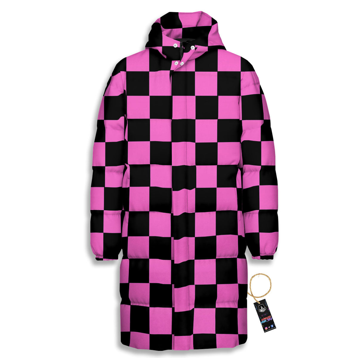 Pink And Black Checkered Print Pattern Long Down Jacket-grizzshop