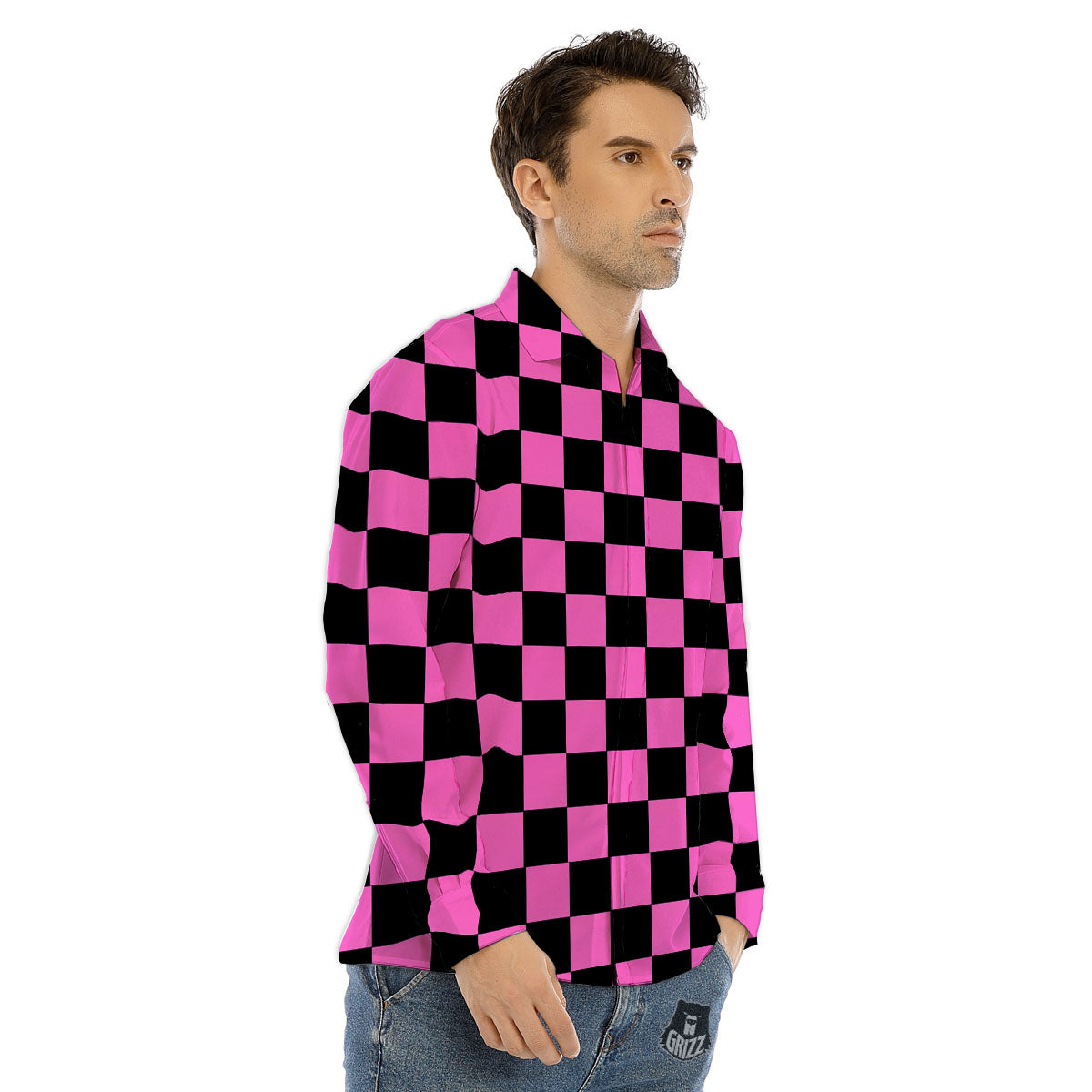 Pink And Black Checkered Print Pattern Men's Dress Shirts-grizzshop
