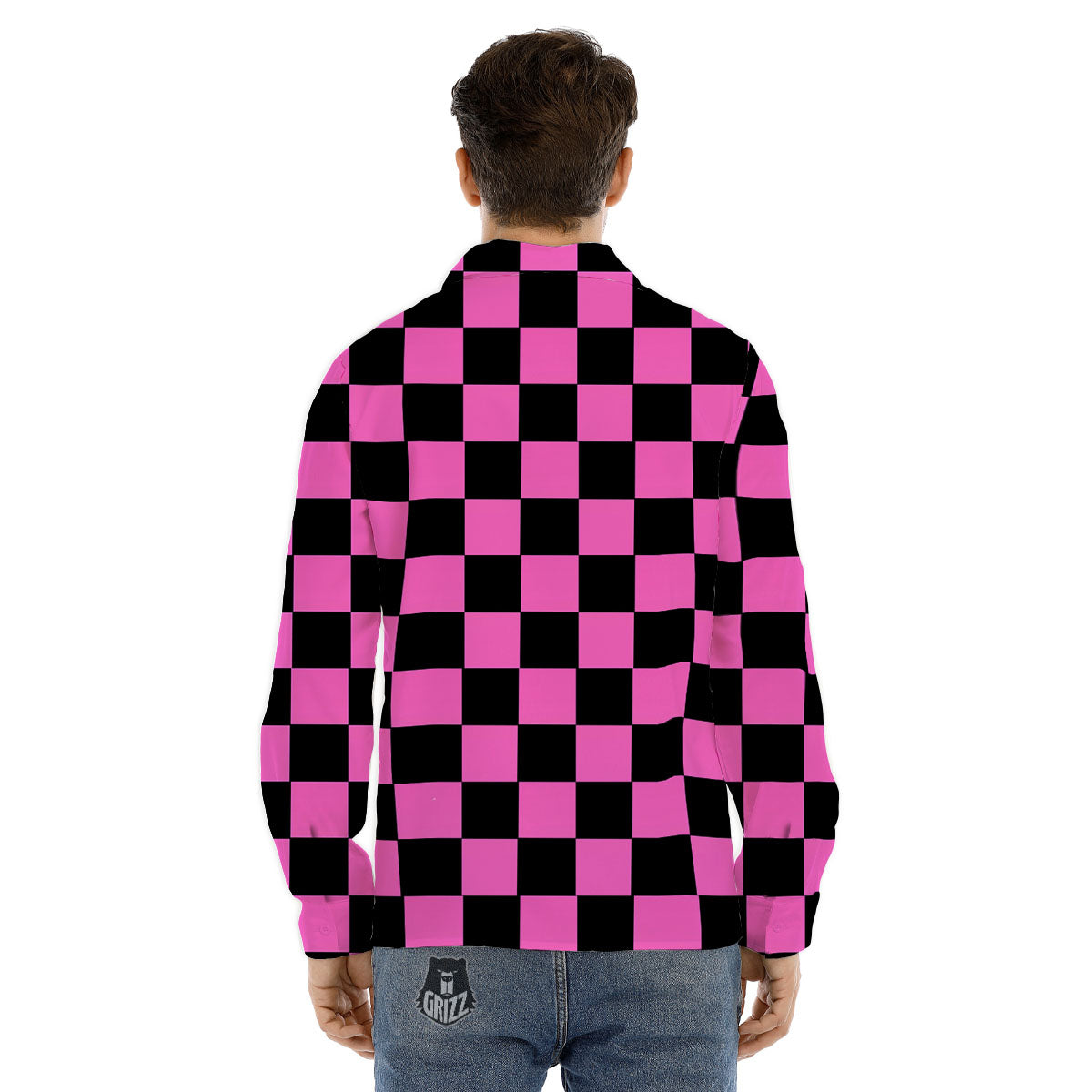 Pink And Black Checkered Print Pattern Men's Dress Shirts-grizzshop