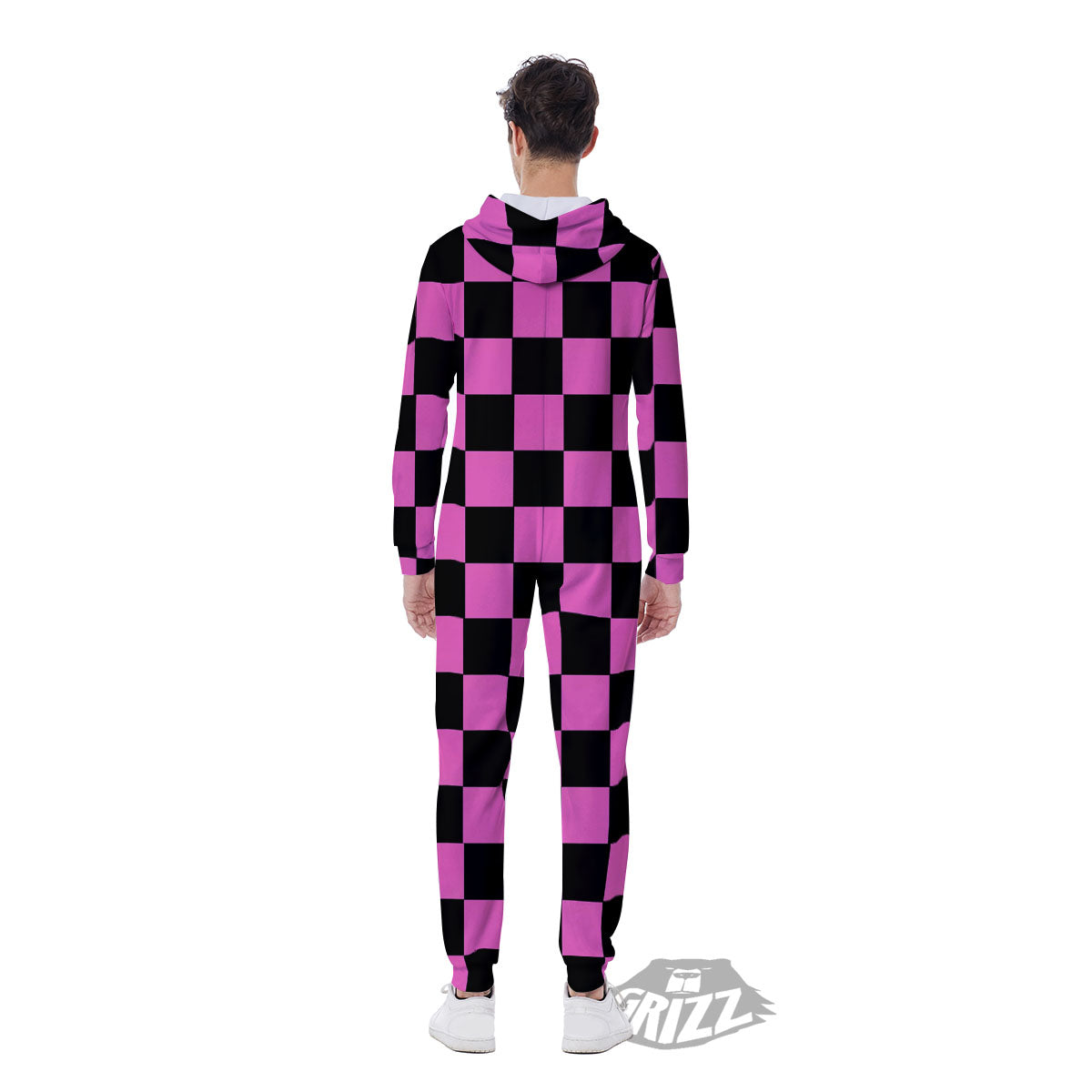 Pink And Black Checkered Print Pattern Men's Jumpsuit-grizzshop