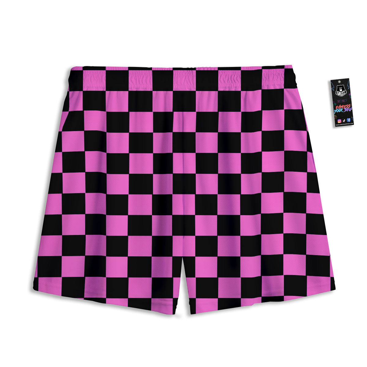 Pink And Black Checkered Print Pattern Mesh Shorts