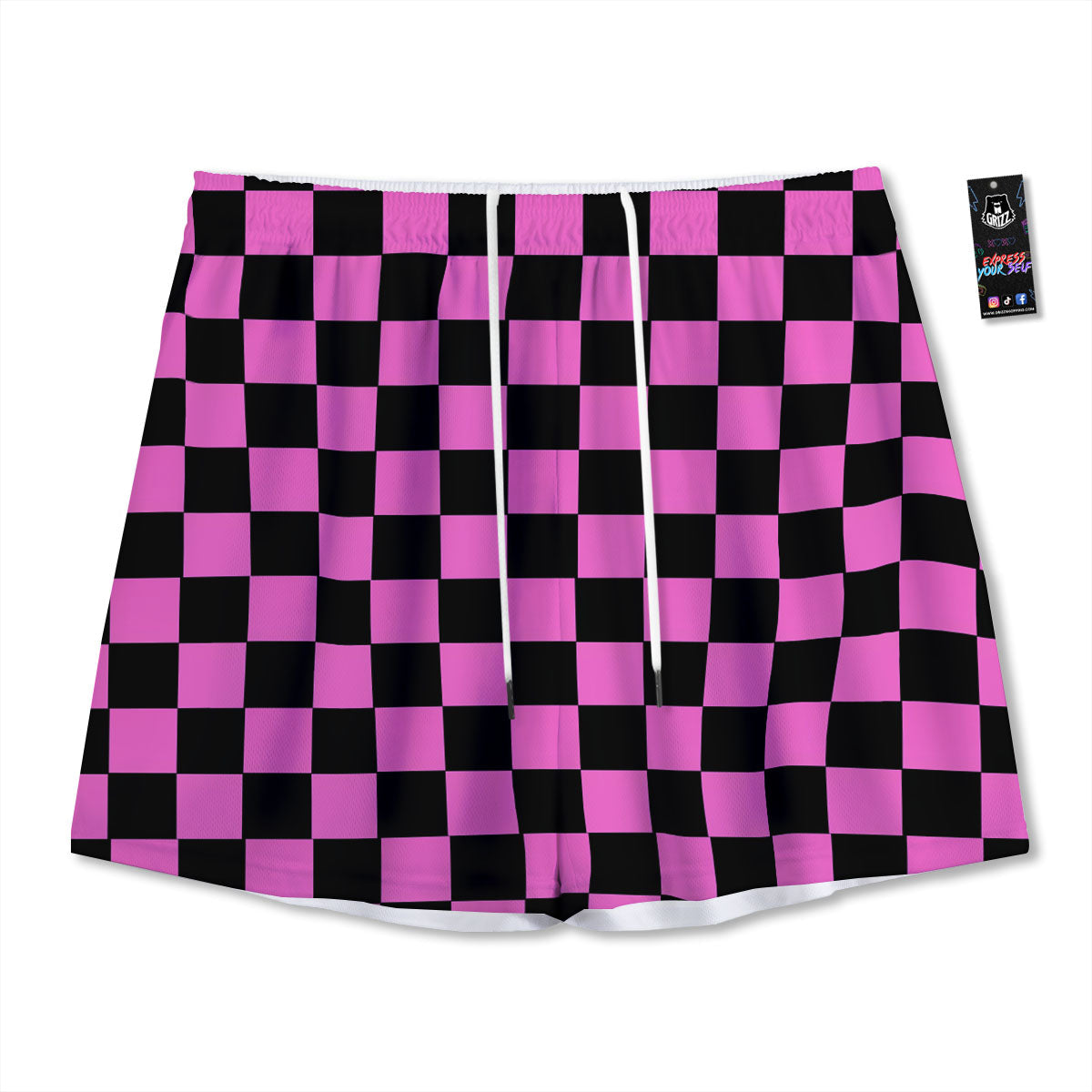 Pink And Black Checkered Print Pattern Mesh Shorts