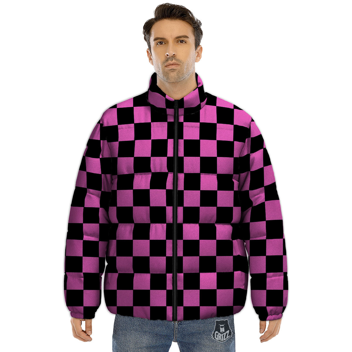 Pink And Black Checkered Print Pattern Puffer Jacket-grizzshop