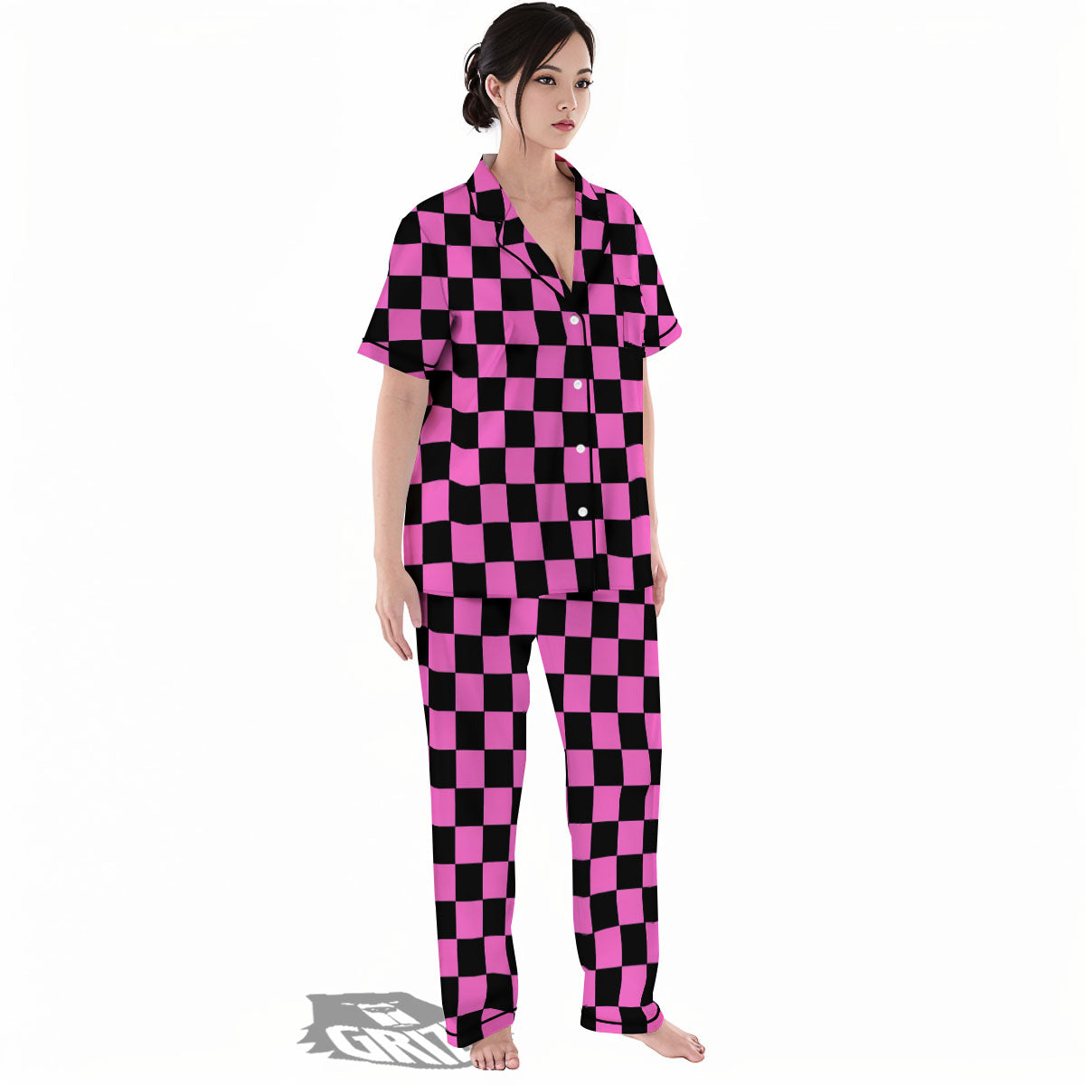 Pink And Black Checkered Print Pattern Women's Pajamas Set-grizzshop