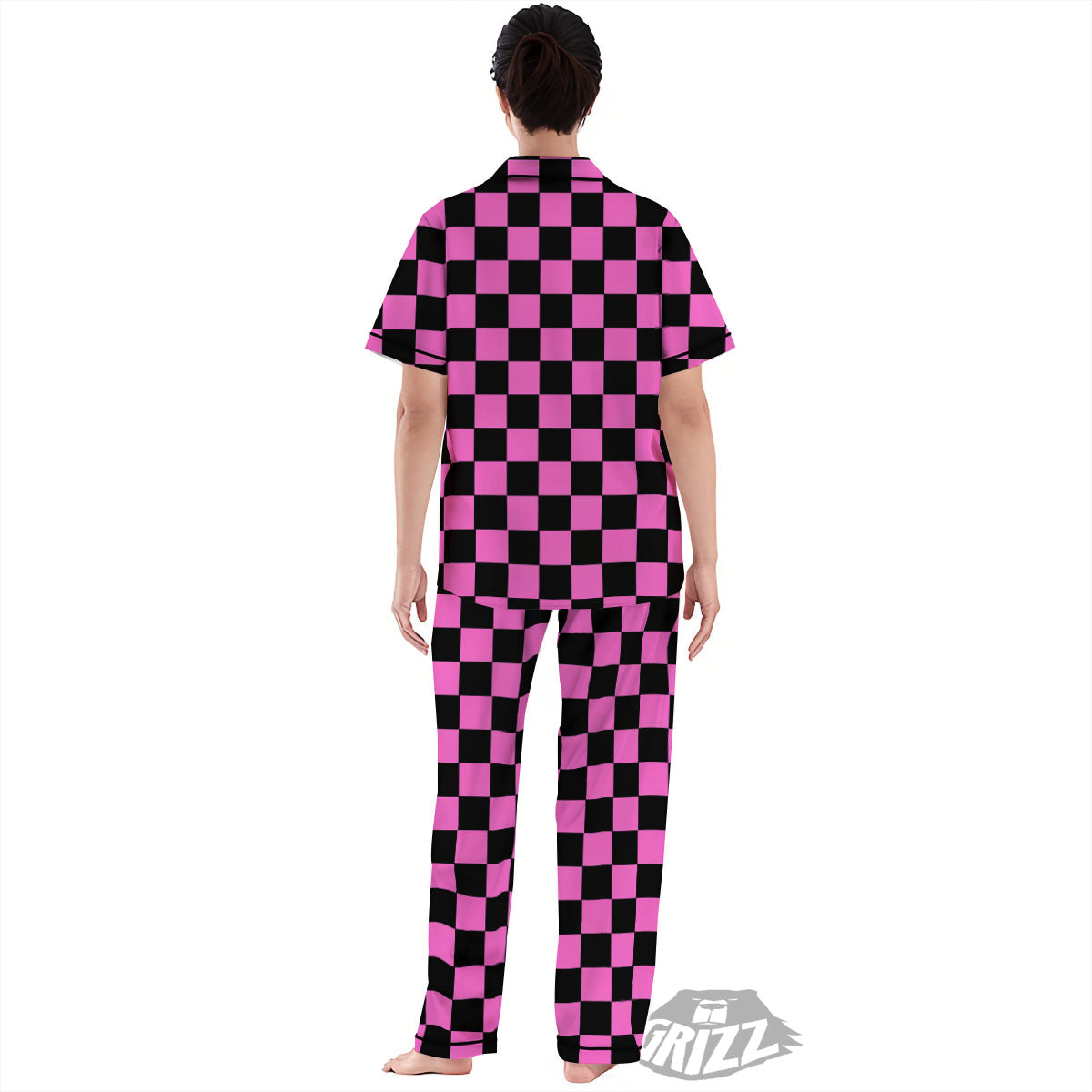 Pink And Black Checkered Print Pattern Women's Pajamas Set-grizzshop
