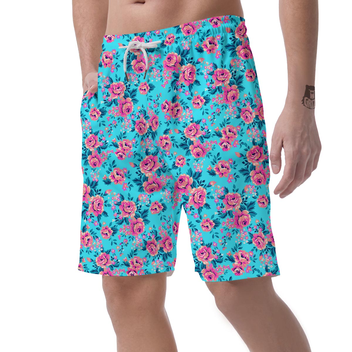 Pink And Blue Rose Floral Men's Shorts-grizzshop