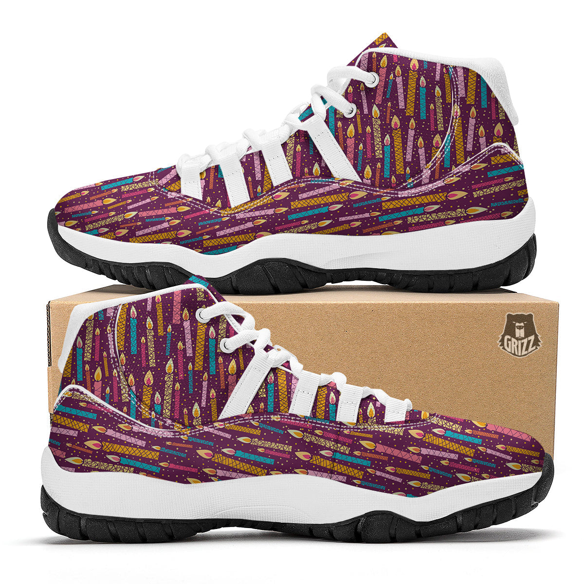 Pink And Colorful Candle Print Pattern White Bball Shoes-grizzshop