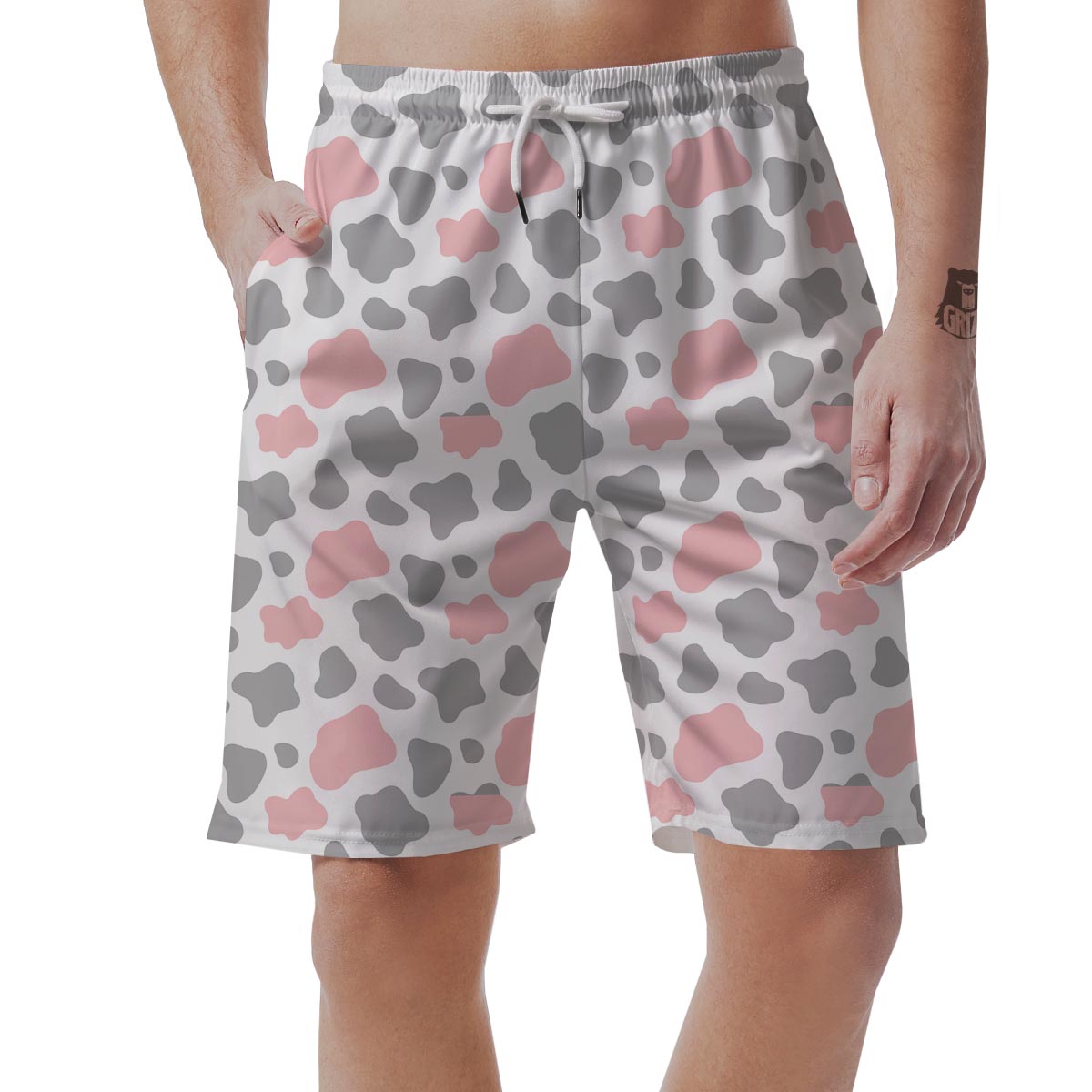 Pink And Grey Cow Print Men's Shorts-grizzshop