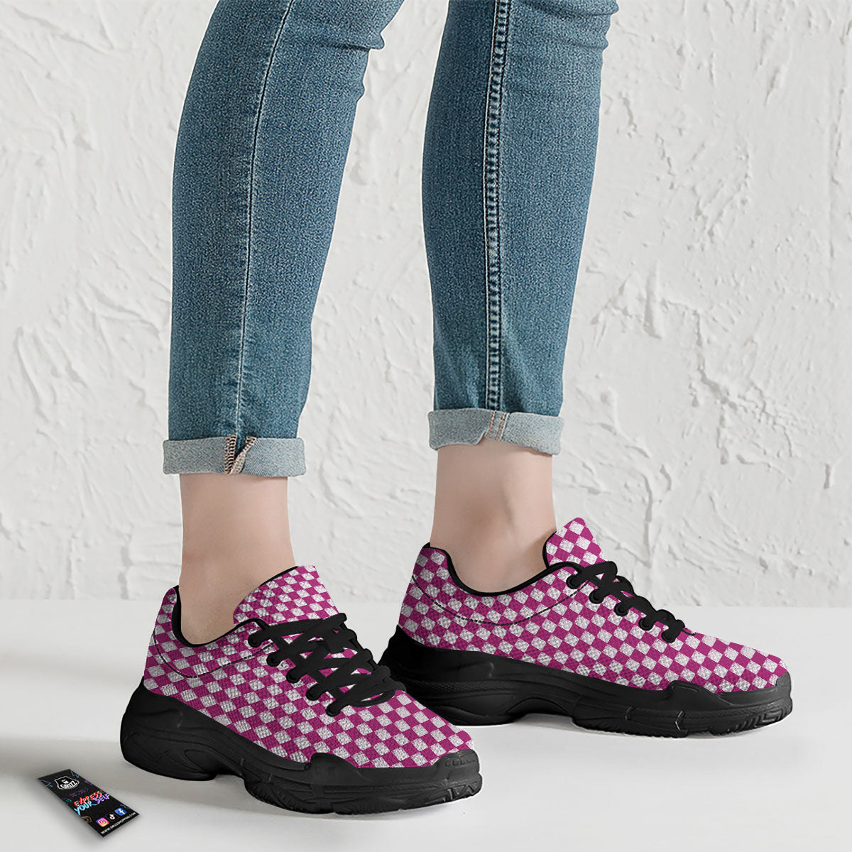 Pink And White Checkered Print Pattern Black Chunky Shoes-grizzshop