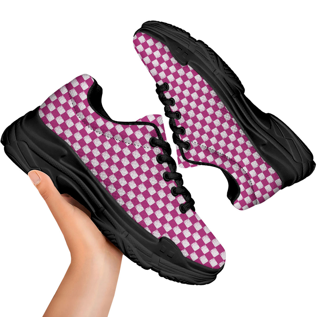 Pink And White Checkered Print Pattern Black Chunky Shoes-grizzshop