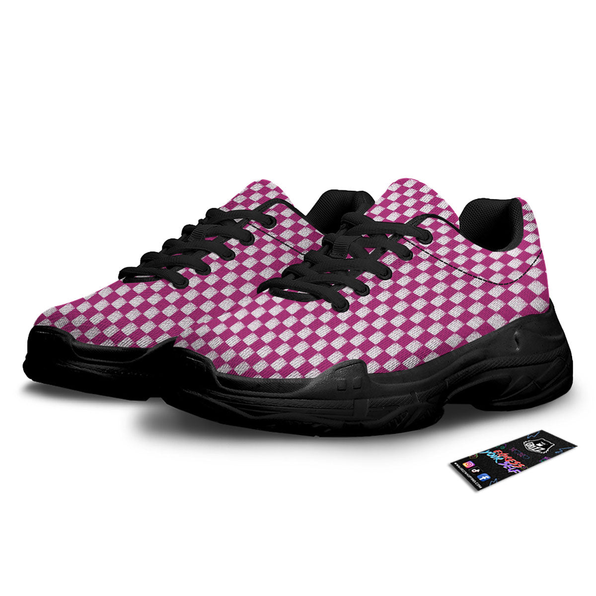 Pink And White Checkered Print Pattern Black Chunky Shoes-grizzshop