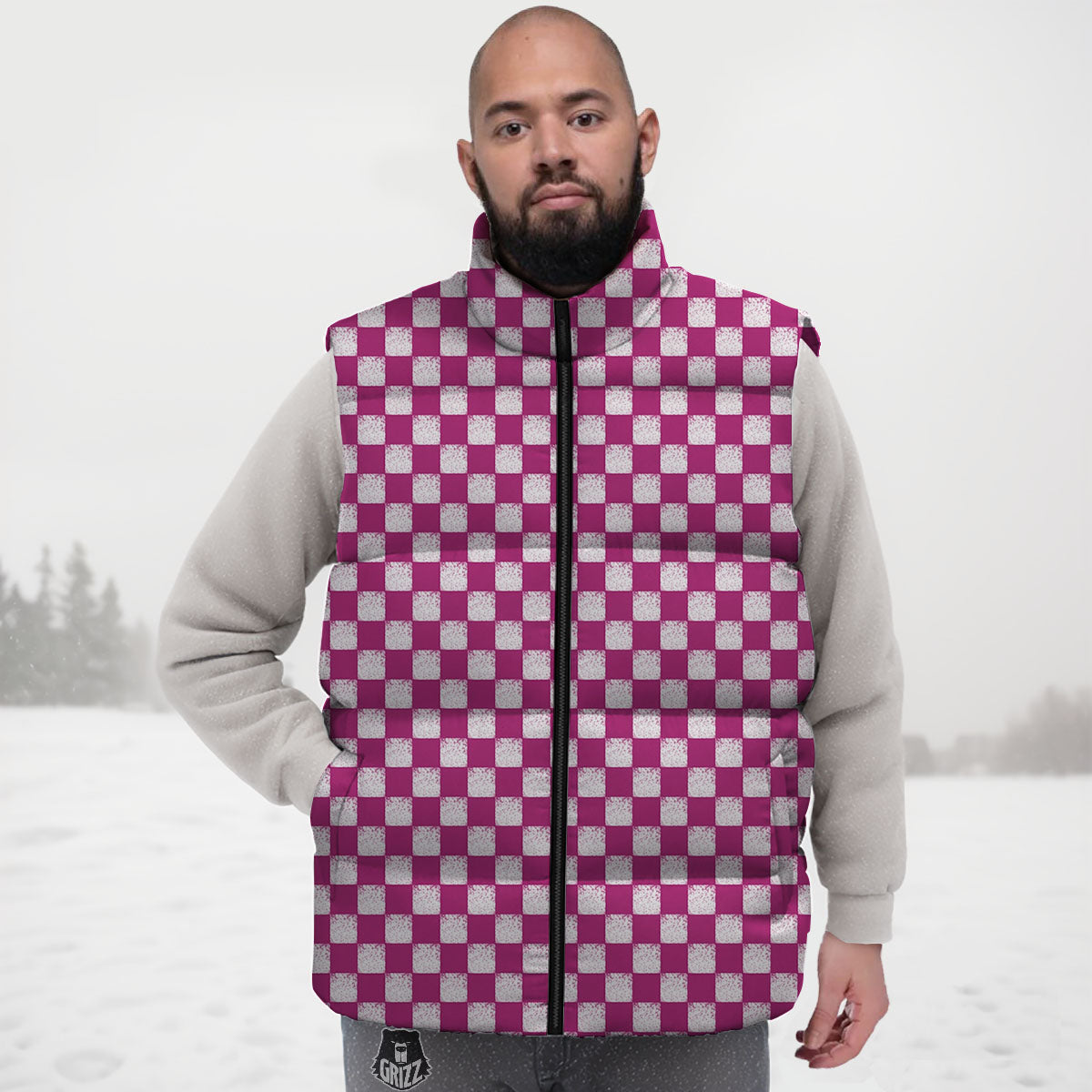 Pink And White Checkered Print Pattern Down Vest