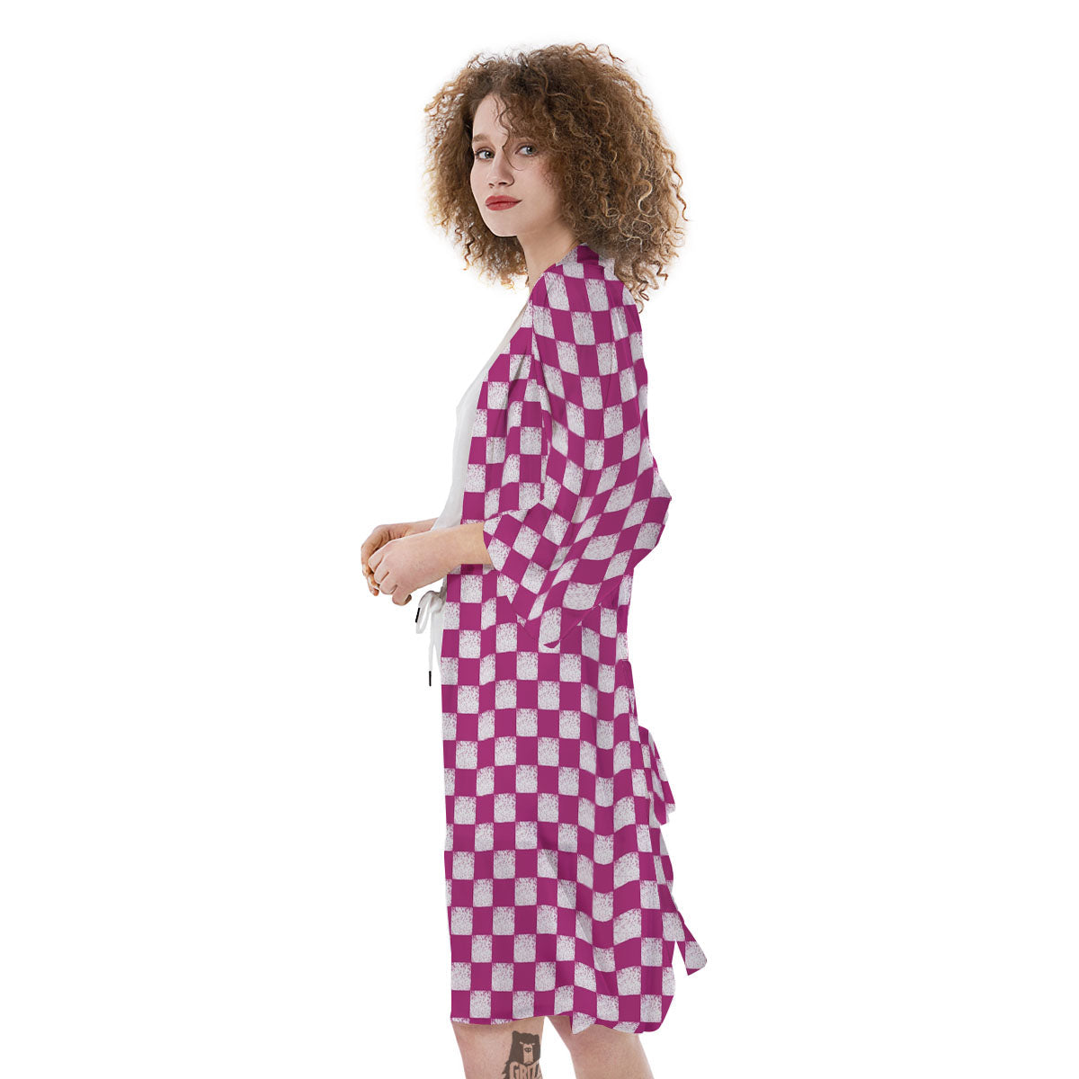 Pink And White Checkered Print Pattern Kimono-grizzshop