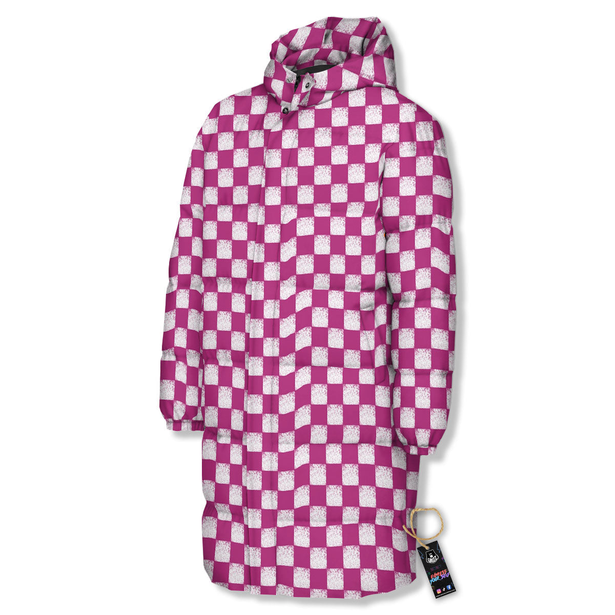 Pink And White Checkered Print Pattern Long Down Jacket-grizzshop