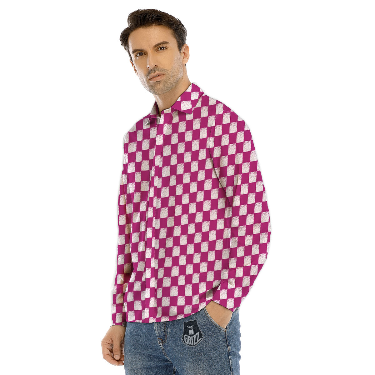 Pink And White Checkered Print Pattern Men's Dress Shirts-grizzshop