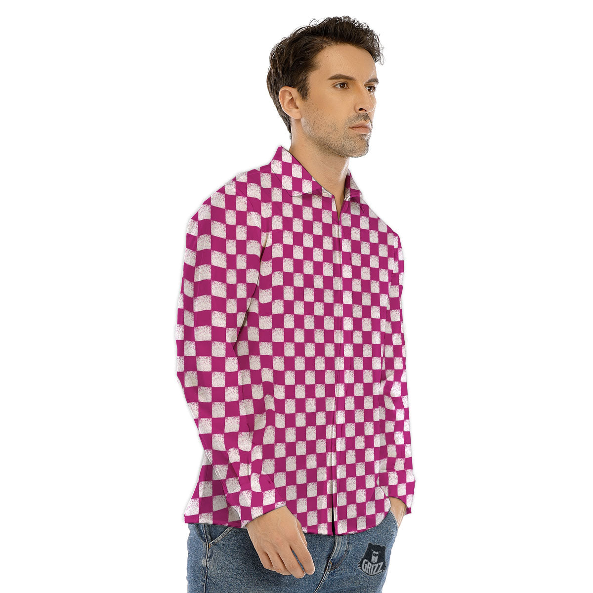 Pink And White Checkered Print Pattern Men's Dress Shirts-grizzshop