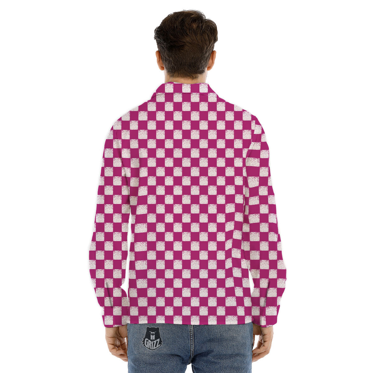 Pink And White Checkered Print Pattern Men's Dress Shirts-grizzshop