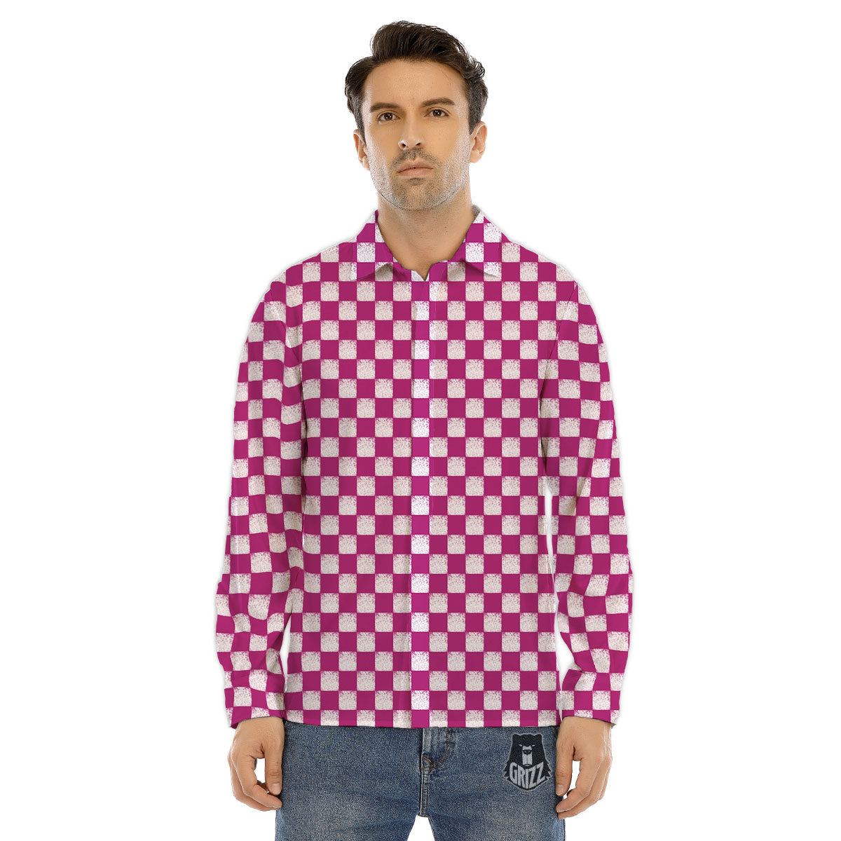 Pink And White Checkered Print Pattern Men's Dress Shirts-grizzshop