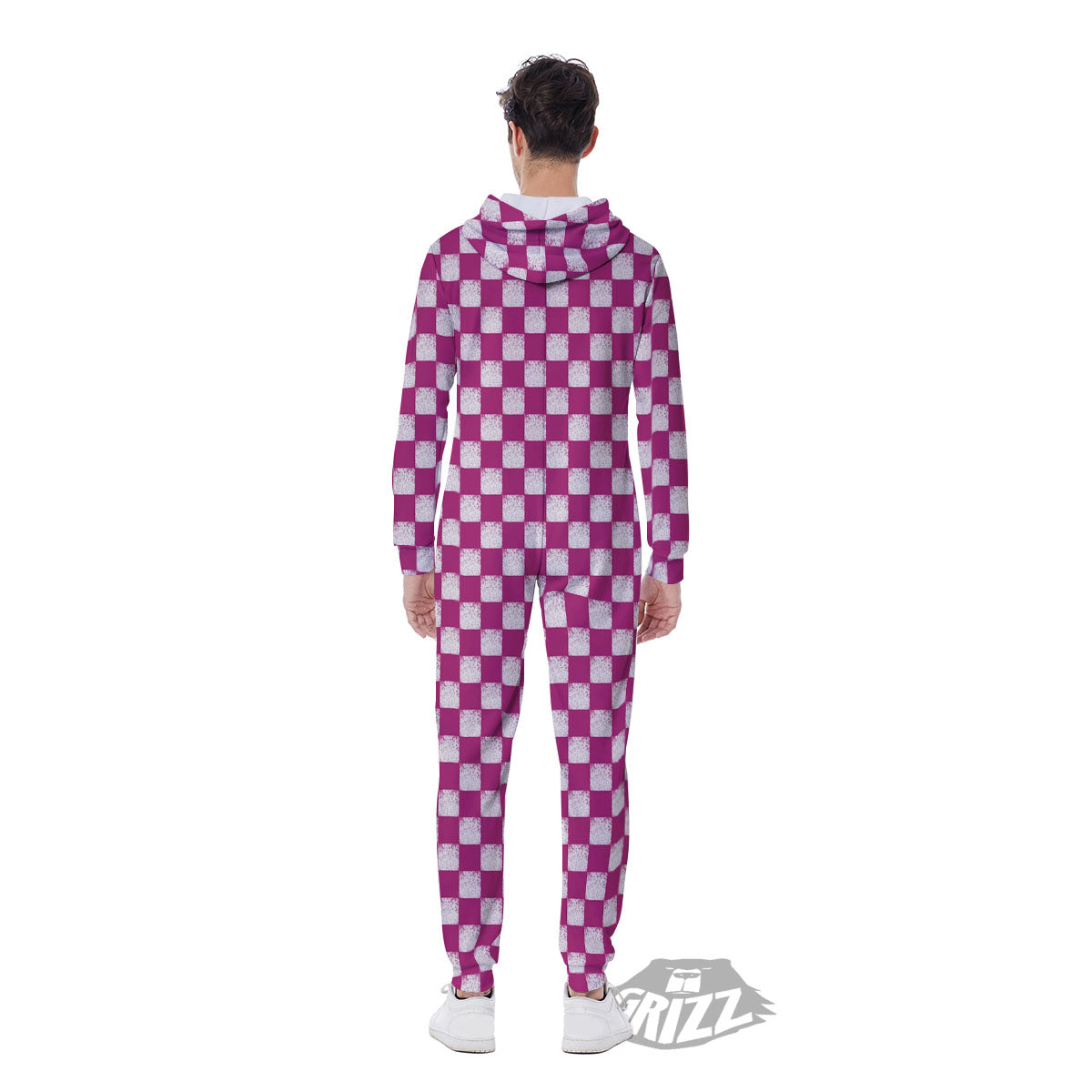 Pink And White Checkered Print Pattern Men's Jumpsuit-grizzshop