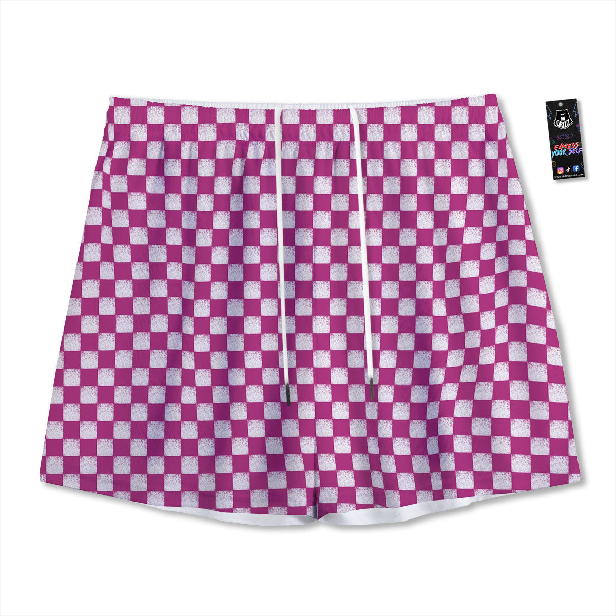 Pink And White Checkered Print Pattern Mesh Shorts