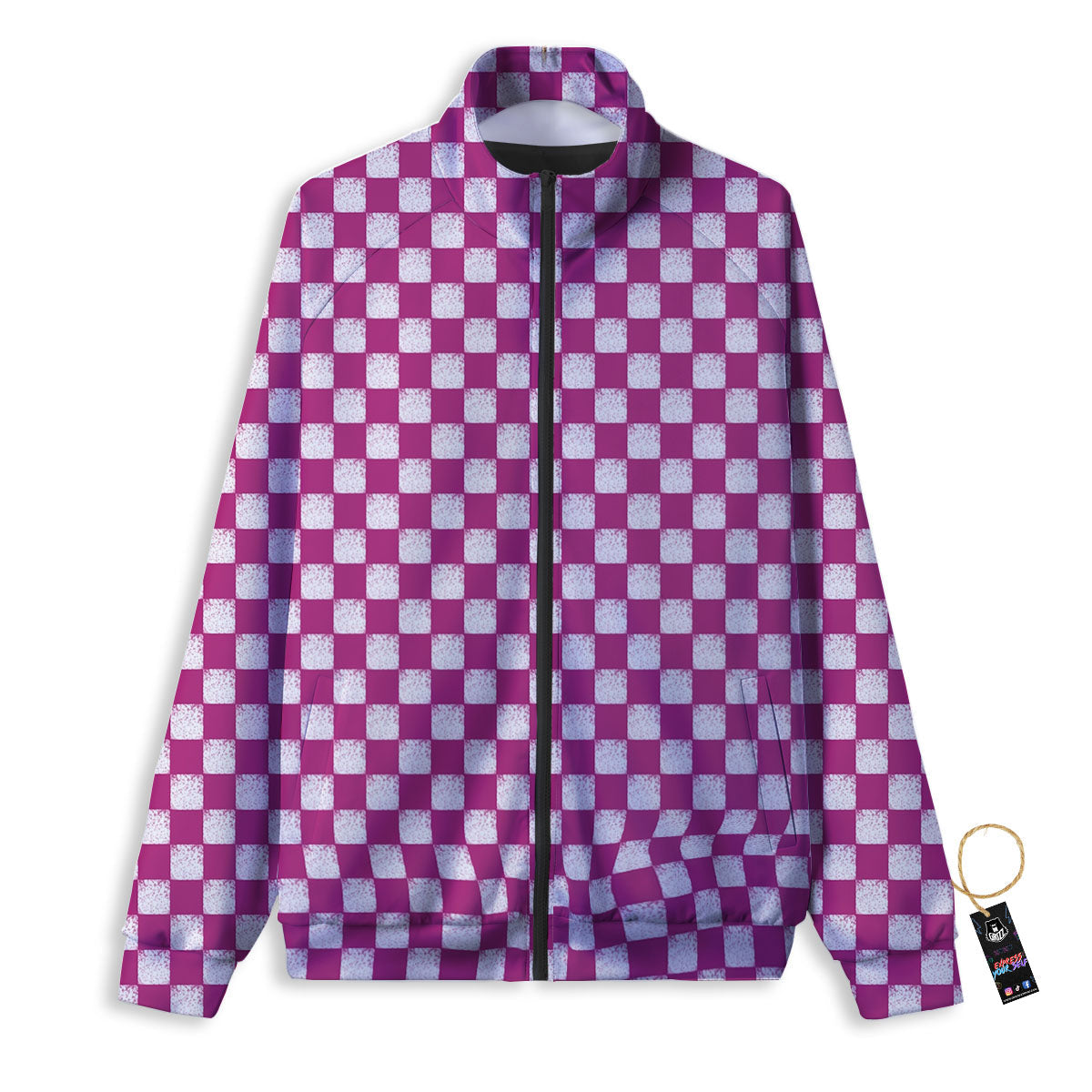 Pink And White Checkered Print Pattern Track Jacket-grizzshop