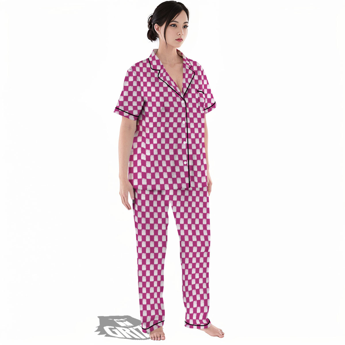Pink And White Checkered Print Pattern Women's Pajamas Set-grizzshop