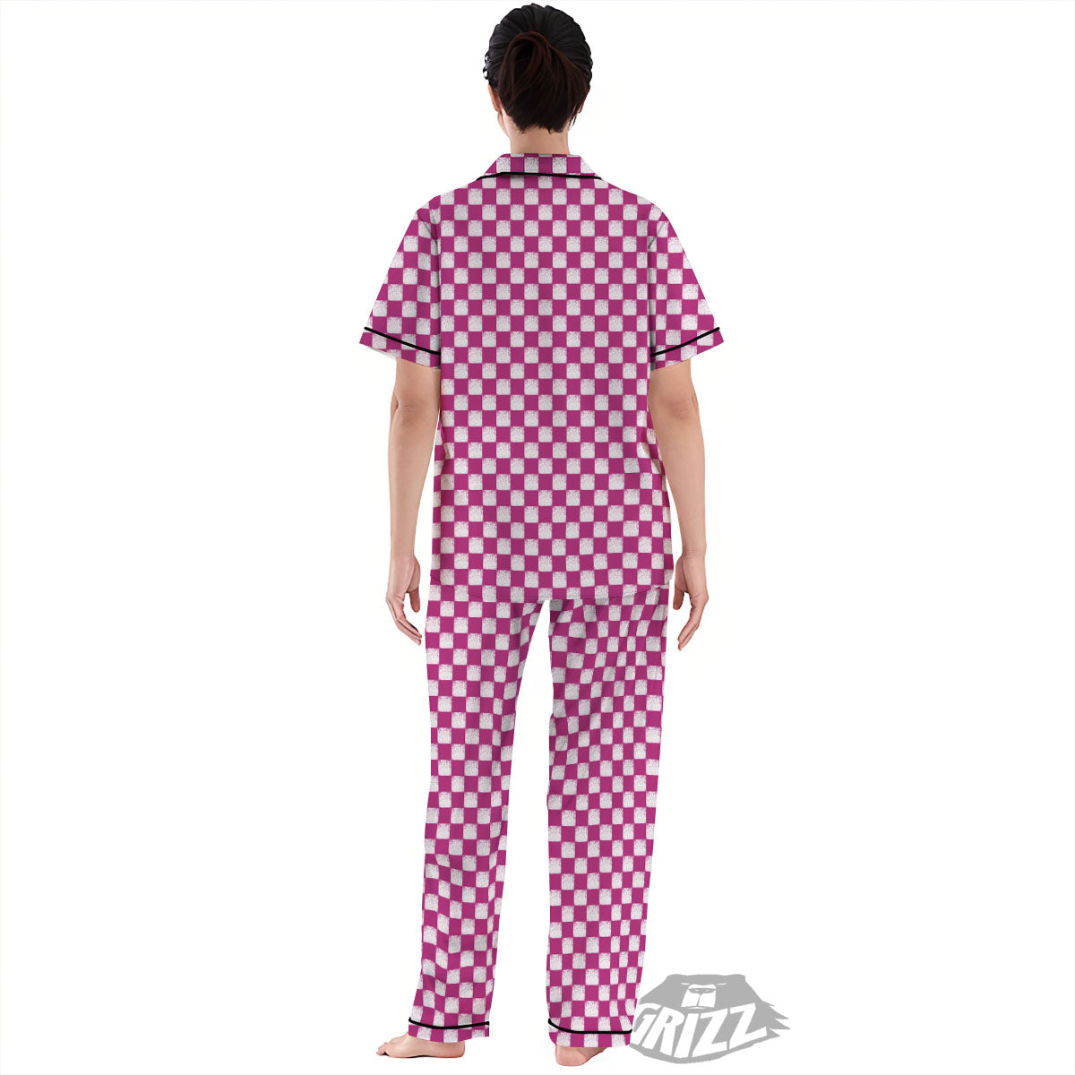 Pink And White Checkered Print Pattern Women's Pajamas Set-grizzshop