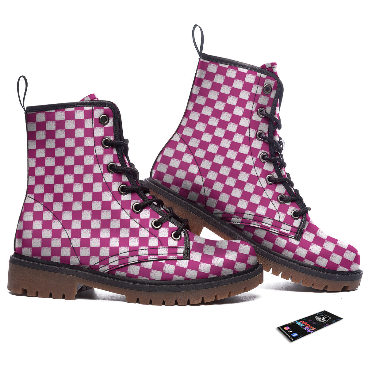 Pink And White Checkered Print Pattern Work Boots-grizzshop