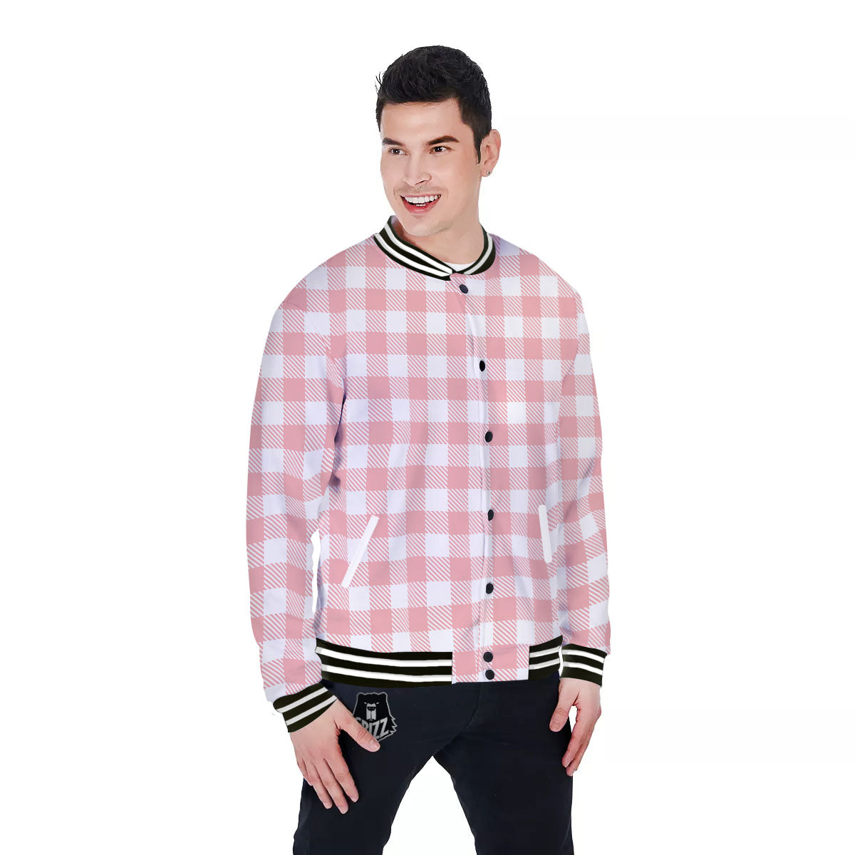 Pink And White Gingham Print Pattern Baseball Jacket-grizzshop