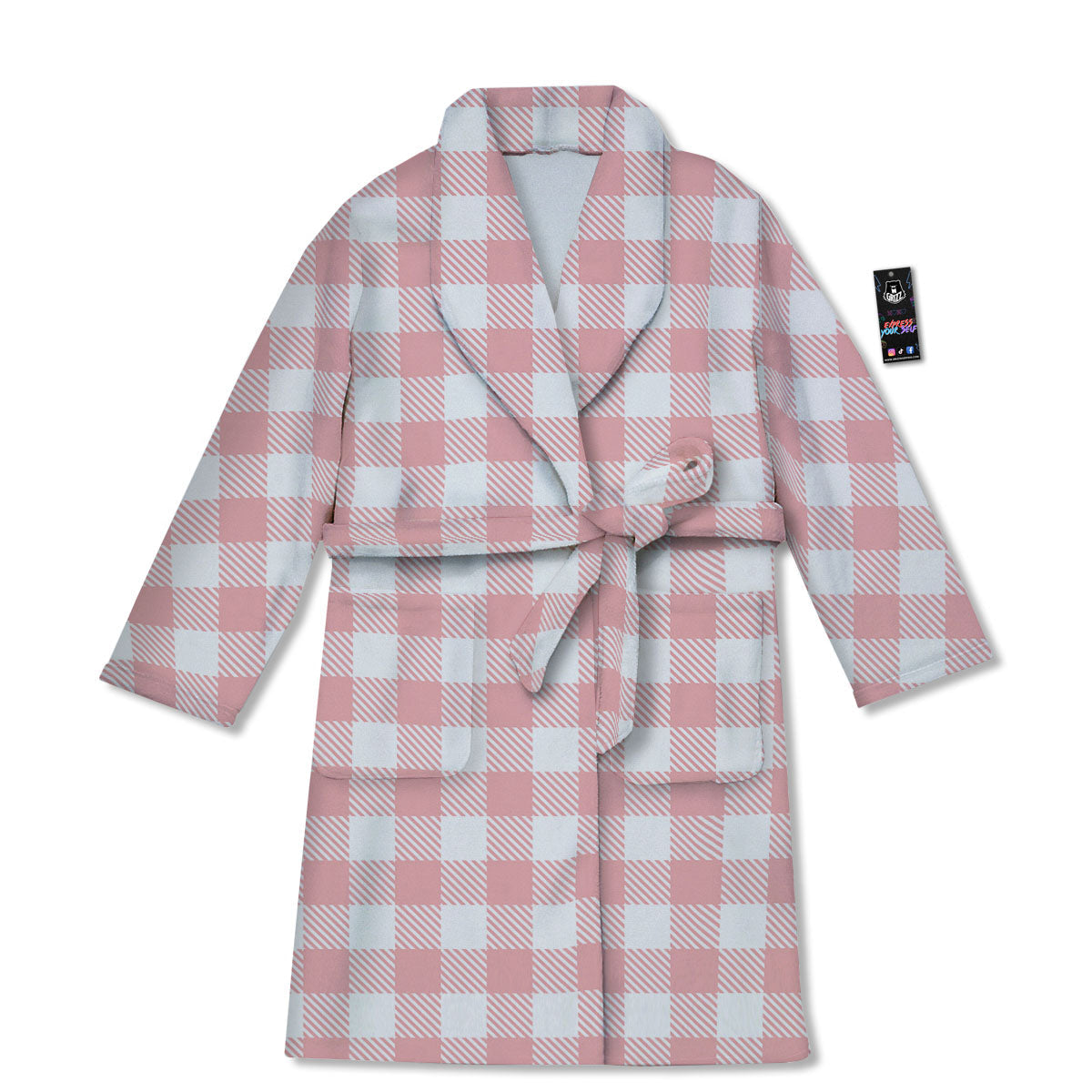 Pink And White Gingham Print Pattern Bathrobe-grizzshop