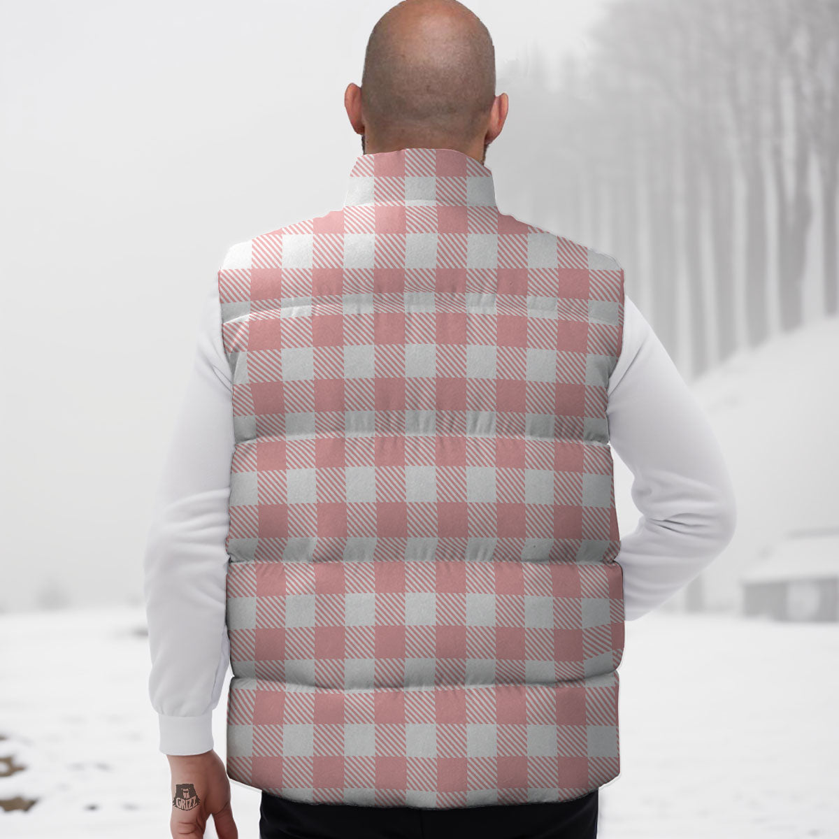 Pink And White Gingham Print Pattern Down Vest-grizzshop