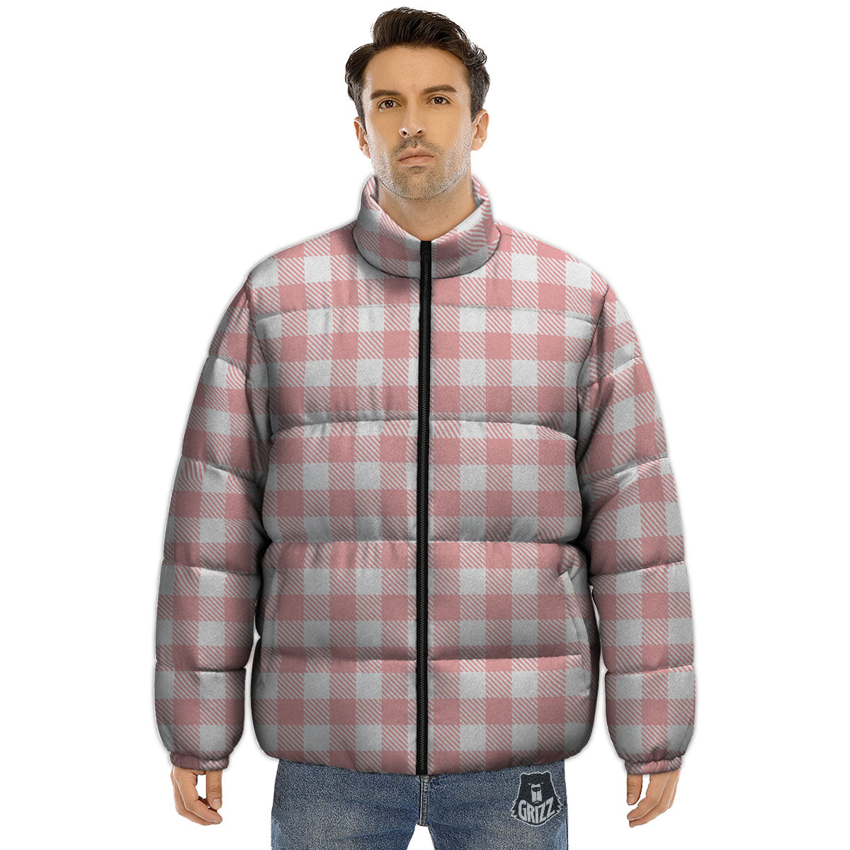 Pink And White Gingham Print Pattern Puffer Jacket-grizzshop
